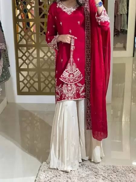 Party Wear Silk Coding Work Fully Stitched Plazo Suit Set