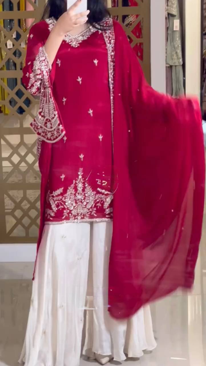 Party Wear Silk Coding Work Fully Stitched Plazo Suit Set