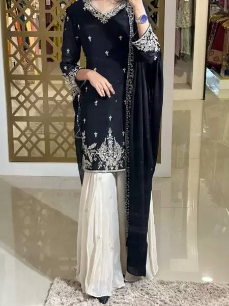 Party Wear Silk Coding Work Fully Stitched Plazo Suit Set