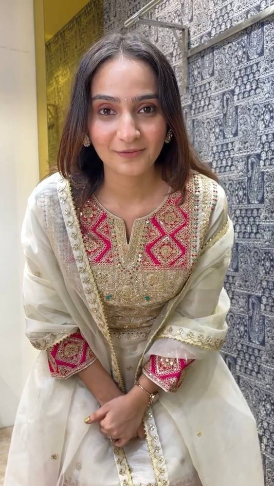 Off White Premium Designer Readymade Top Sharara Plazzo & Dupatta