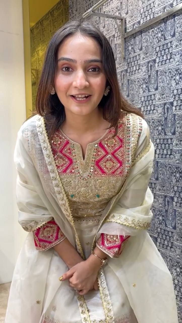 Off White Premium Designer Readymade Top Sharara Plazzo & Dupatta