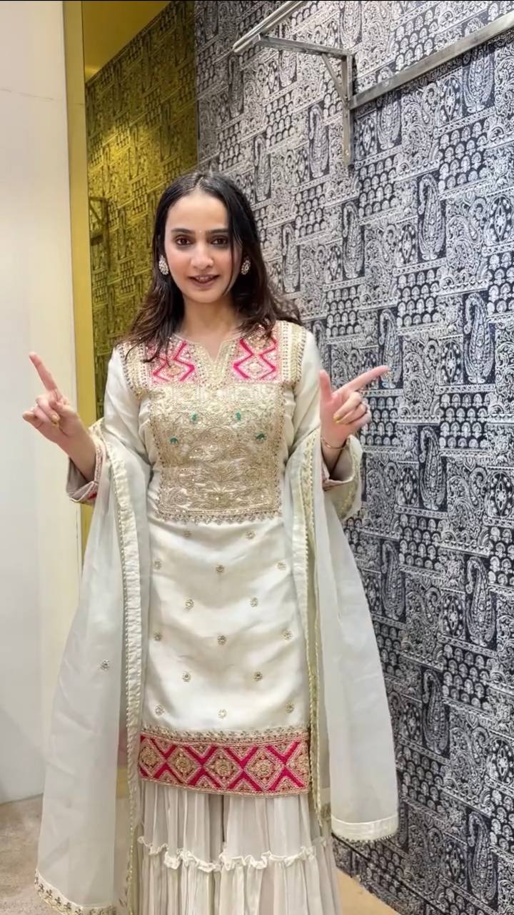 Off White Premium Designer Readymade Top Sharara Plazzo & Dupatta