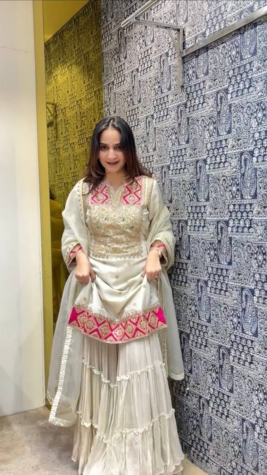 Off White Premium Designer Readymade Top Sharara Plazzo & Dupatta