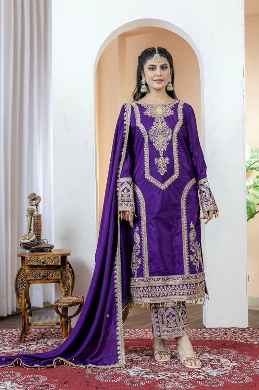 Chinon Silk Embroidered Work Salwar Suit