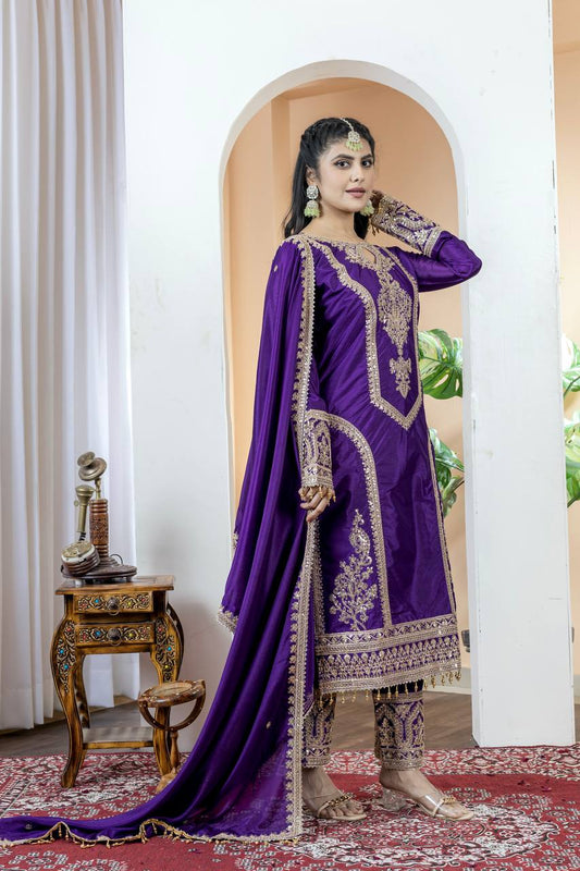 Chinon Silk Embroidered Work Salwar Suit
