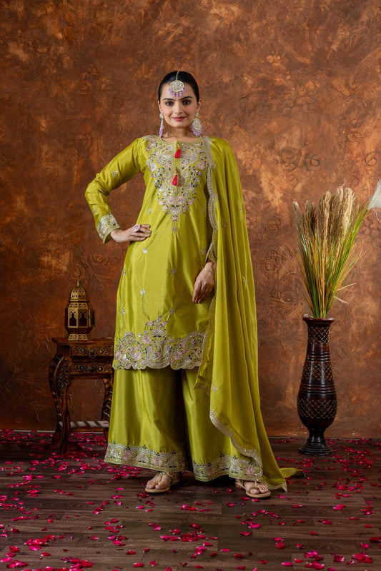 Party Wear Look Pur Chinon Silk Top Plazzo & Dupatta Set