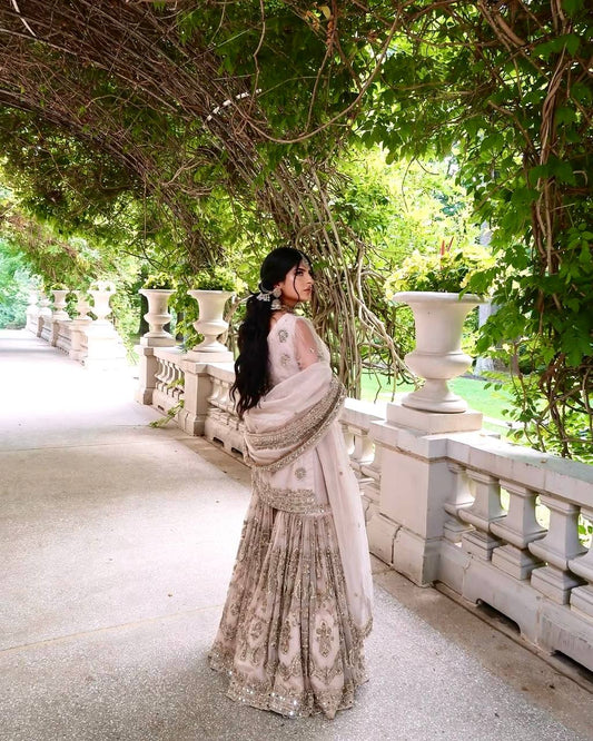 Peach Designer Sharara Suit in Georgette With Sequence Embroidery and Real Mirror