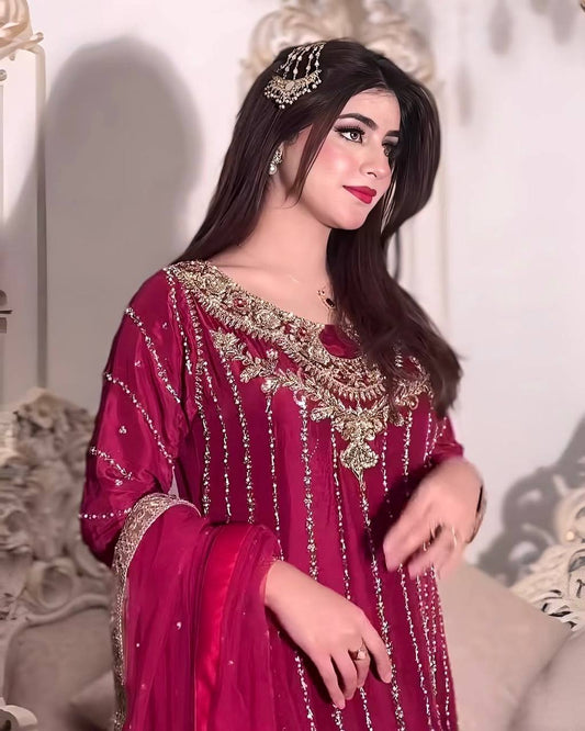 Fancy Wine Georgette Kurti Pant Set With Dupatta