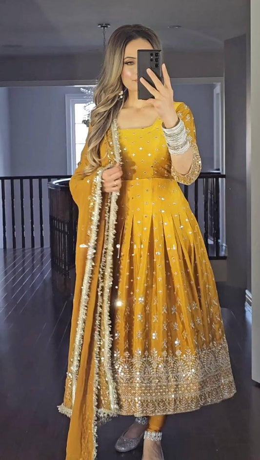 Chinnon Silk Yellow Party Wear Embroidery Work Readymade Anarkali Suit