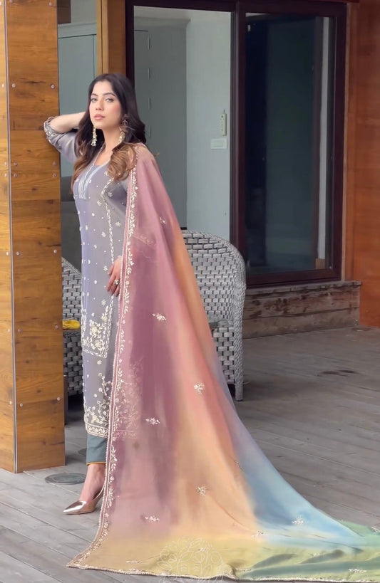 Embroidered Pure Shimmer Organza Shirt & Ombré Dupatta with Pure Crepe Bottoms