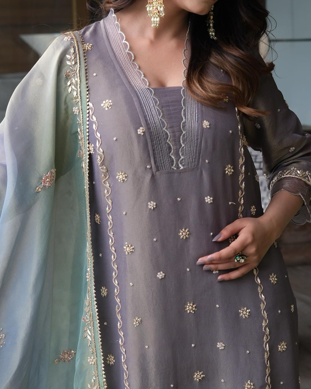 Embroidered Pure Shimmer Organza Shirt & Ombré Dupatta with Pure Crepe Bottoms