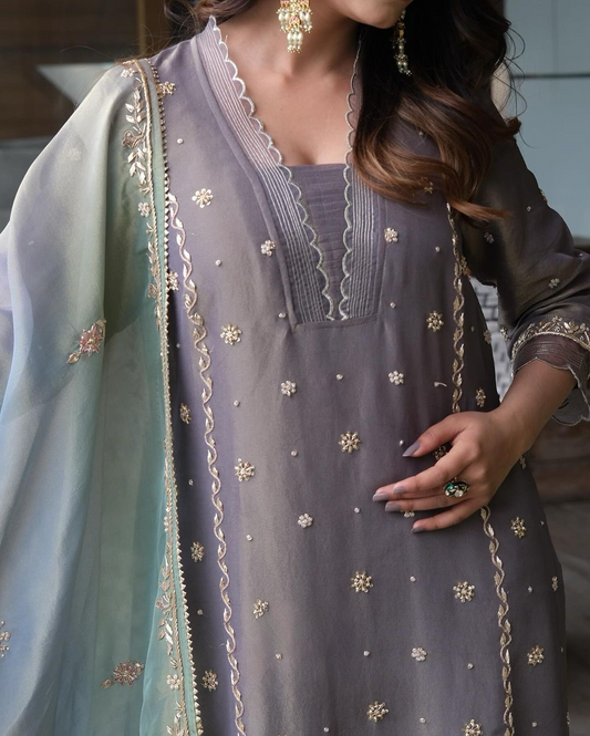 Embroidered Pure Shimmer Organza Shirt & Ombré Dupatta with Pure Crepe Bottoms