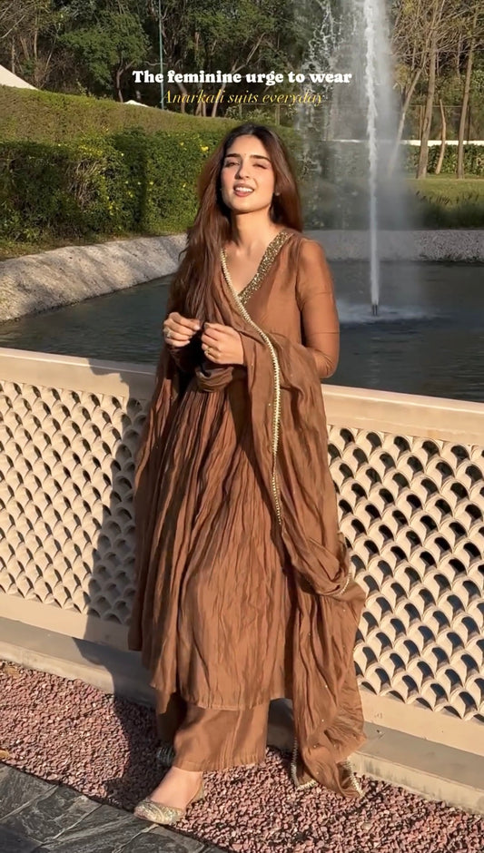 Sublime Brown Color Pure Chinon Silk Embroidery Sharara Suit