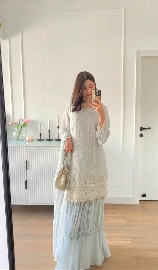 Sharara Set with Dupatta, Designer Georgette 3 Piece Salwar Kameez for Wedding, Pakistani Ready-Made Dress, Beautiful Partywear Blue Kurta