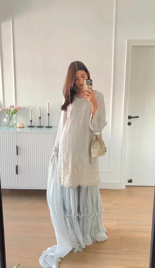 Sharara Set with Dupatta, Designer Georgette 3 Piece Salwar Kameez for Wedding, Pakistani Ready-Made Dress, Beautiful Partywear Blue Kurta