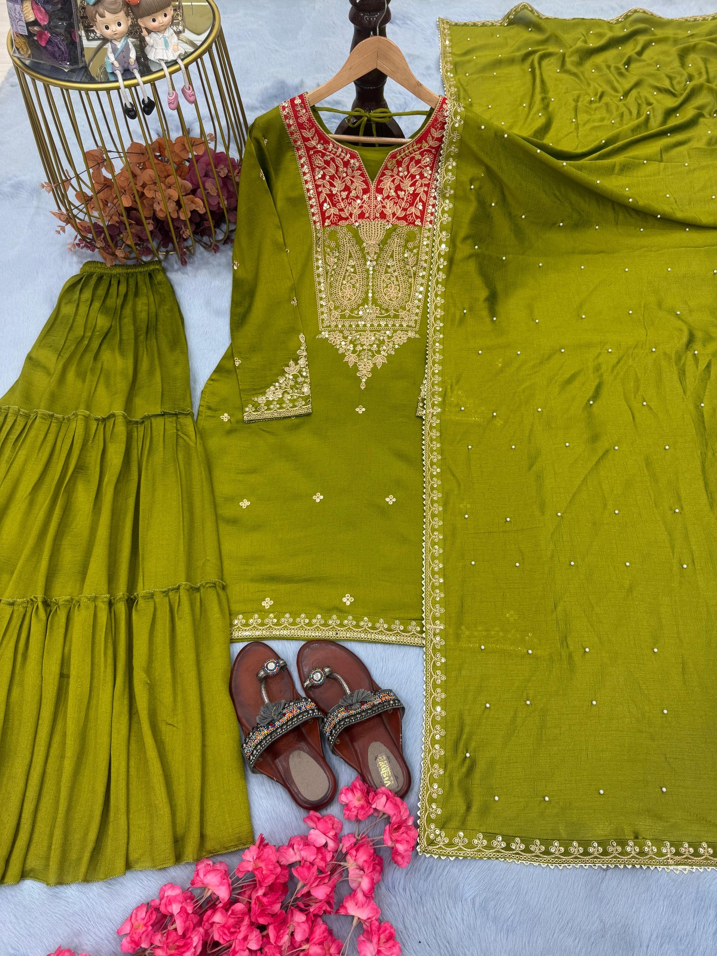 Off White Premium Designer Readymade Top Sharara Plazzo & Dupatta