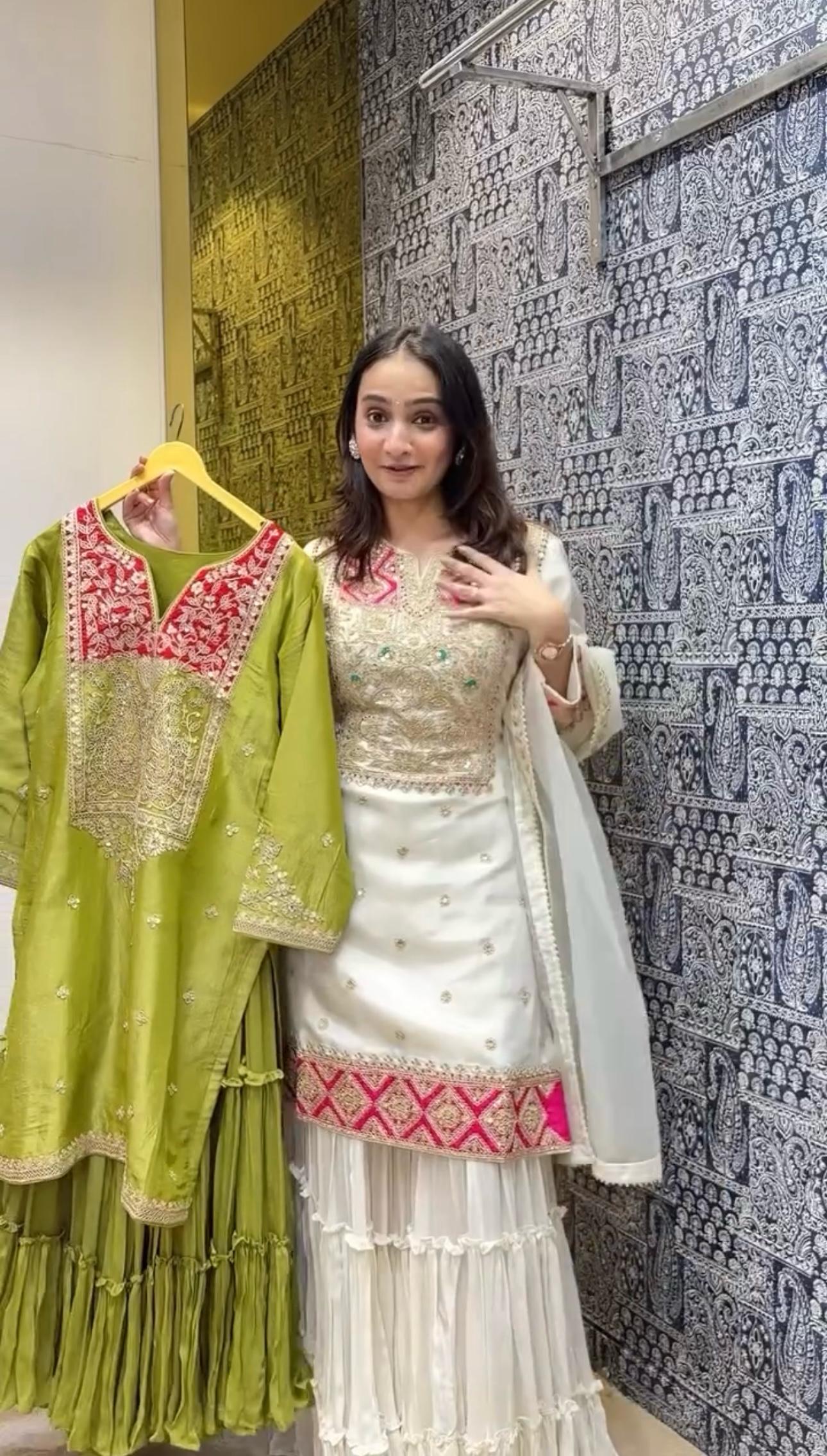 Off White Premium Designer Readymade Top Sharara Plazzo & Dupatta
