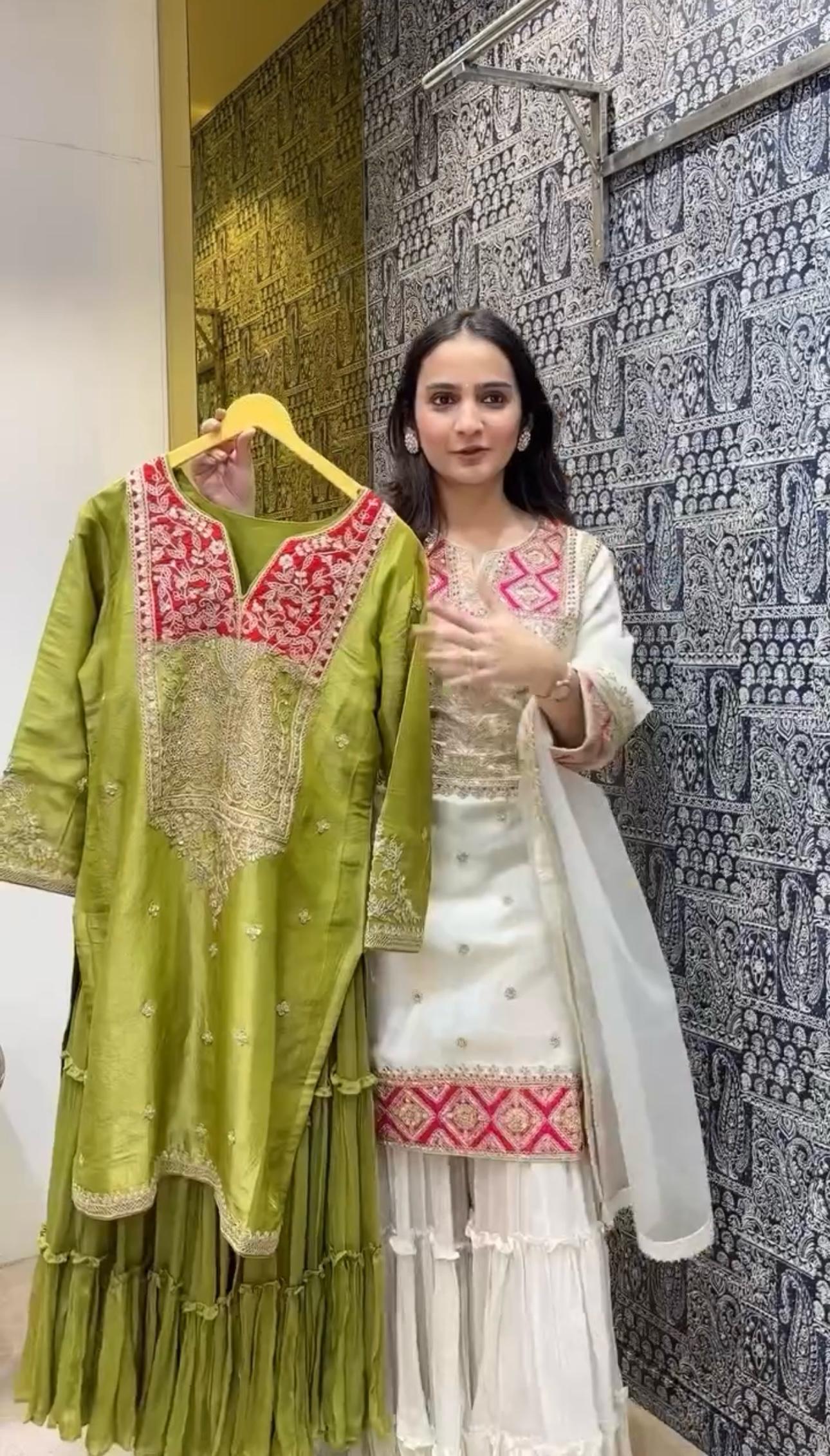 Off White Premium Designer Readymade Top Sharara Plazzo & Dupatta