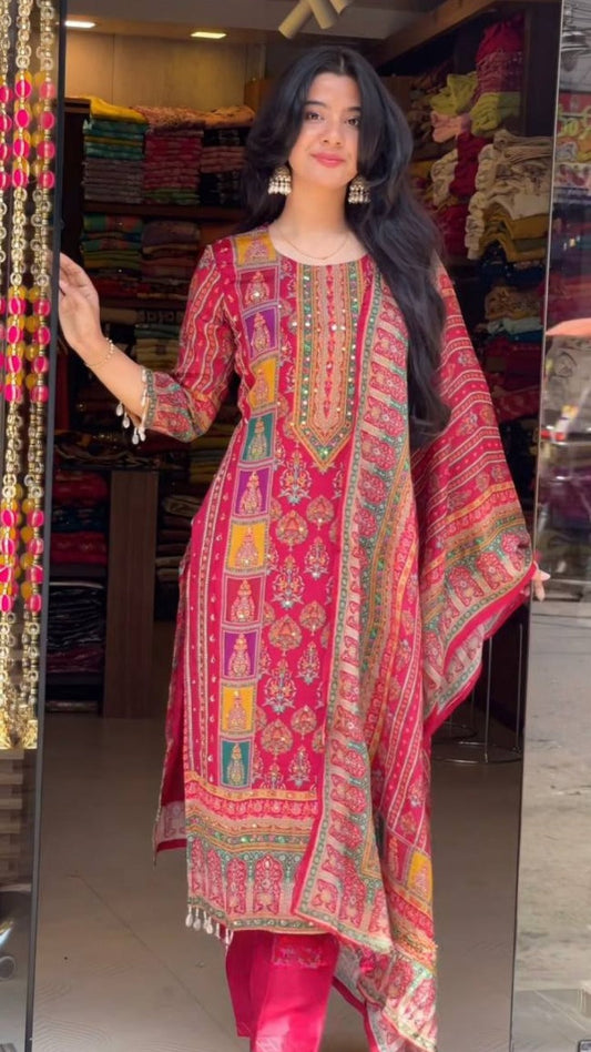 Maska Cotton Digital Print Top with Hand Mirror Work, Cotton Silk Pant & Dupatta