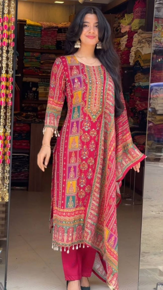 Maska Cotton Digital Print Top with Hand Mirror Work, Cotton Silk Pant & Dupatta