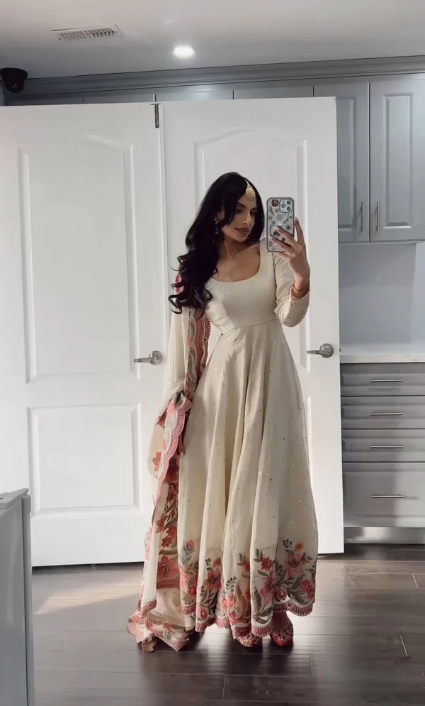 Elegant Fully Stitched Gown Ensemble with Heavy Embroidery and Butter Silk Pant