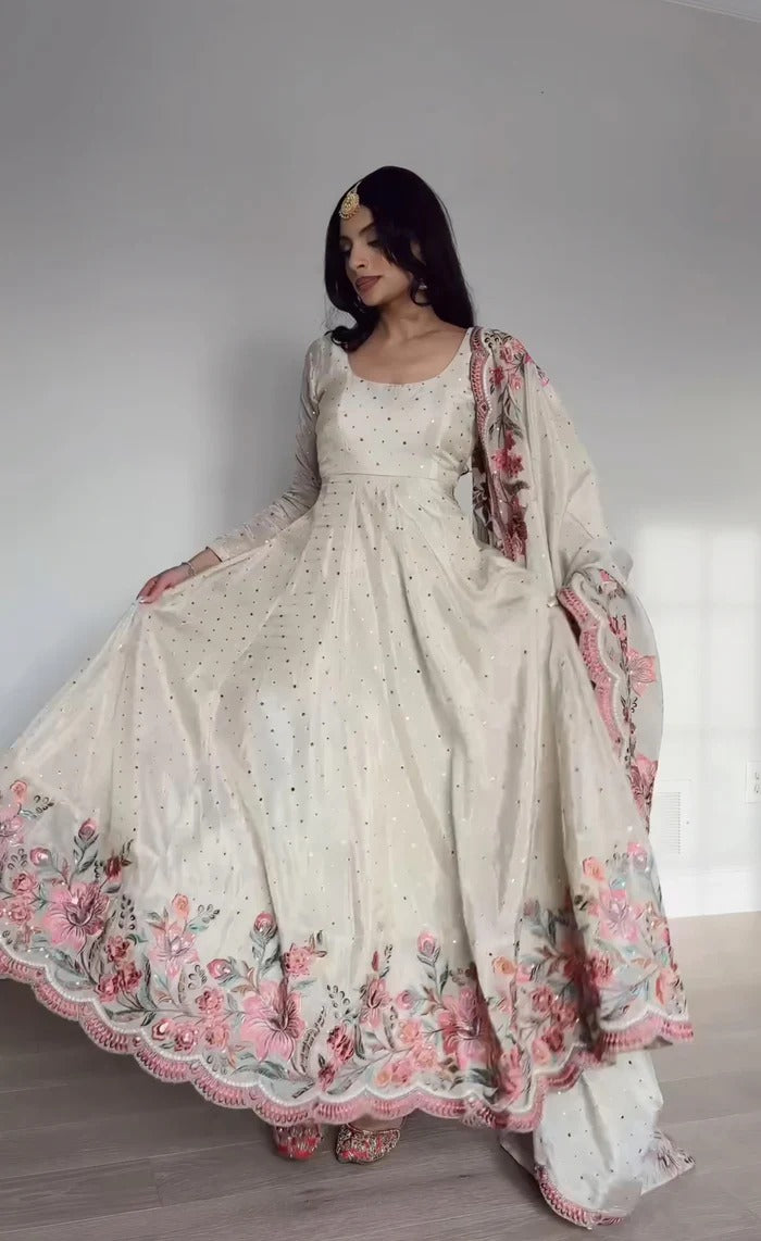 Elegant Fully Stitched Gown Ensemble with Heavy Embroidery and Butter Silk Pant