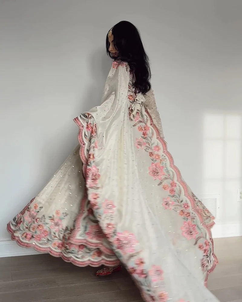 Elegant Fully Stitched Gown Ensemble with Heavy Embroidery and Butter Silk Pant