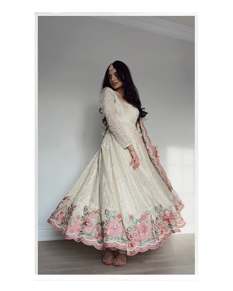 Elegant Fully Stitched Gown Ensemble with Heavy Embroidery and Butter Silk Pant