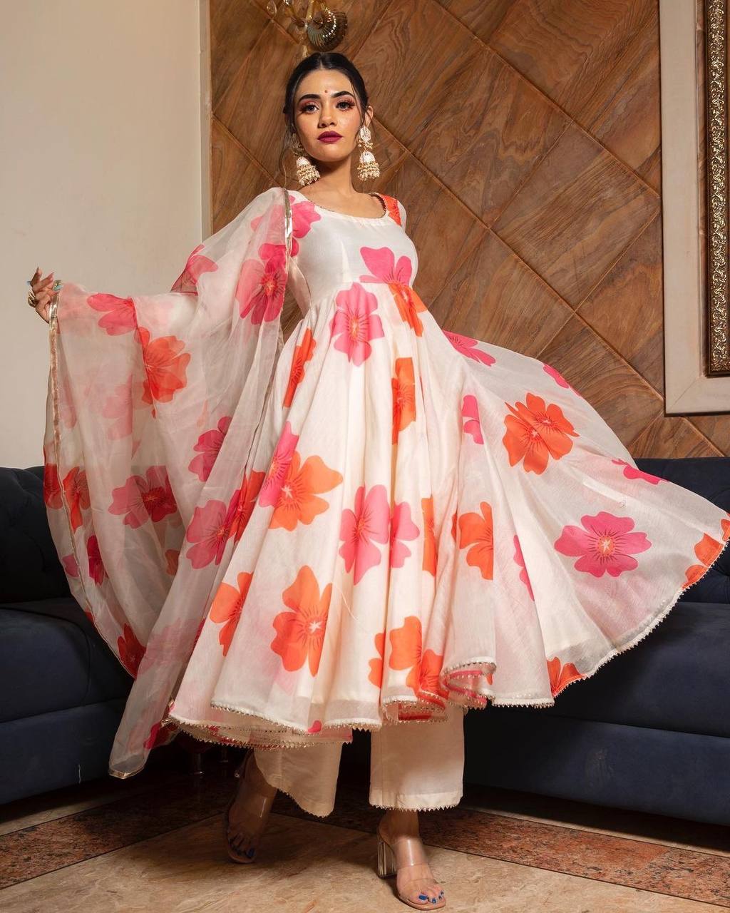Trendy Designer Gown Set Featuring Fancy Digital Print with Pant and Dupatta