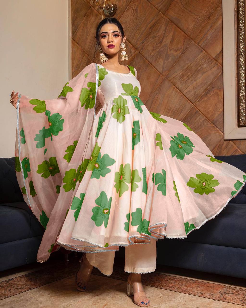 Trendy Designer Gown Set Featuring Fancy Digital Print with Pant and Dupatta