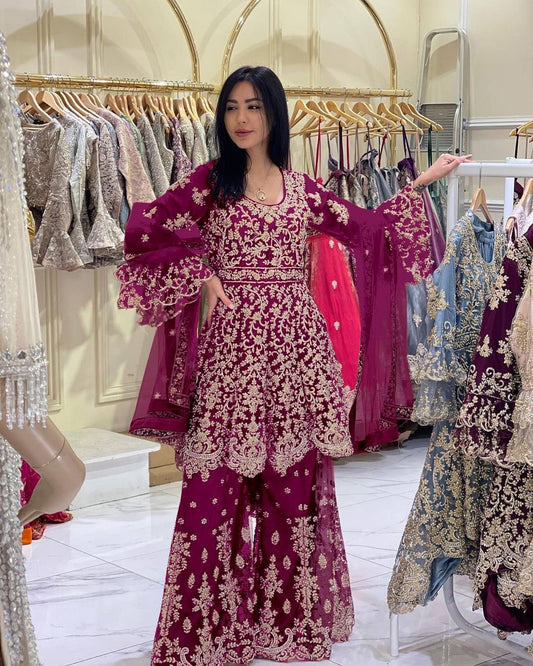 Heavy Embroidery Work on Butterfly Net Top with Plazzo and Dupatta