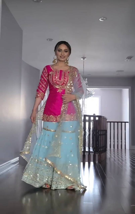 Premium Faux Georgette Embroidered Top and Sharara Plazzo with Stylish Butterfly Dupatta