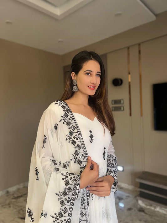 Designer Gown with 9mm Sequence and Embroidery Work, Cotton Pants & Embellished Dupatta