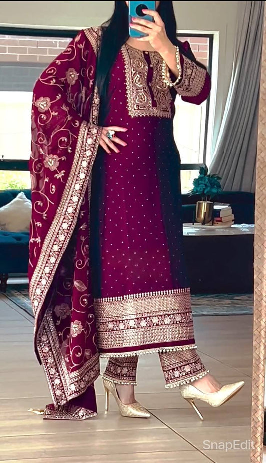 Fancy Style Long Suit Set Featuring Heavy Sequence and Diamond Hand Embroidery on Pure Chinon Silk