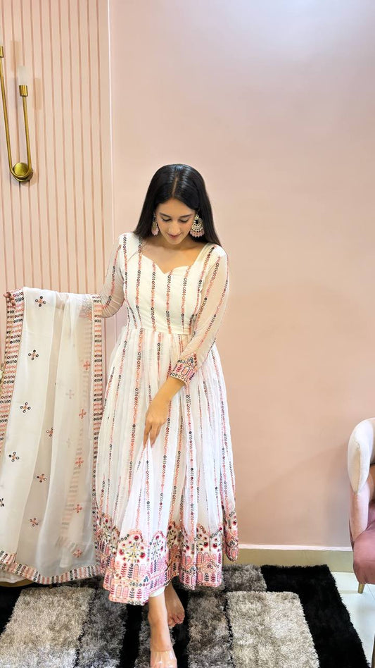 Designer White Gown with Heavy Sequence and Embroidery, Pant & Dupatta Set