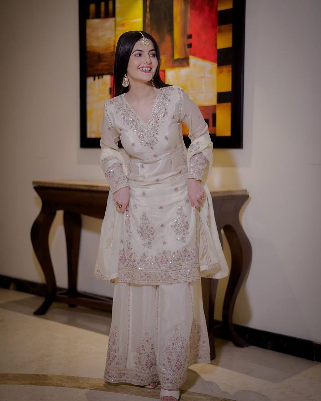 Fully Stitched Fancy Outfit – Embroidered & Sequined Top with Plazzo and Dupatta