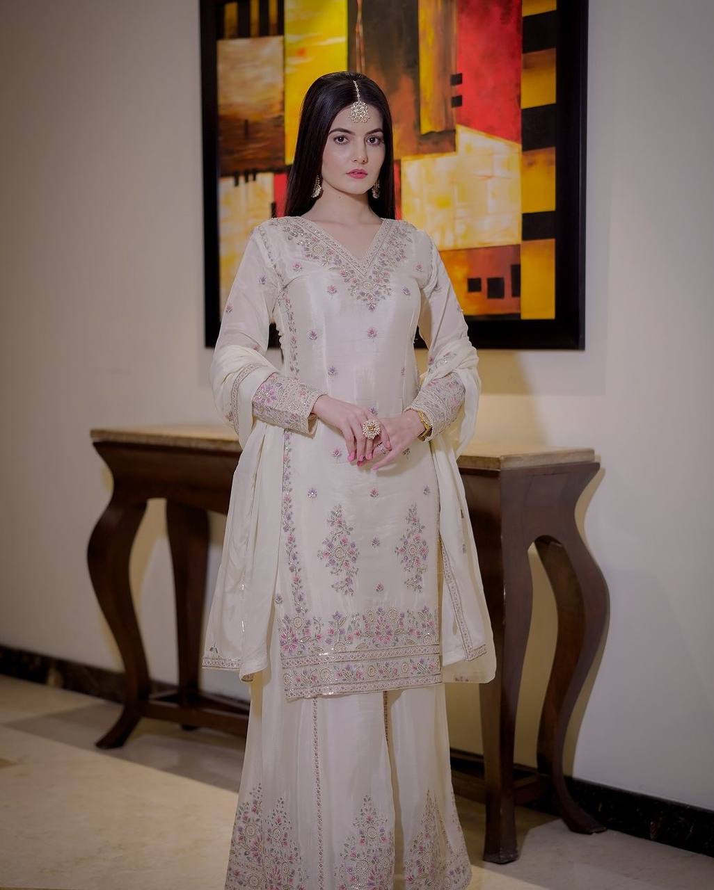 Fully Stitched Fancy Outfit – Embroidered & Sequined Top with Plazzo and Dupatta
