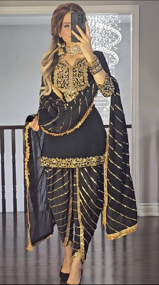 Elegant Party Wear Black Dhoti Salwar Outfit with Matching Dupatta