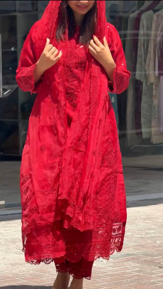 Red Faux Georgette Sequence Embroidery Work Salwar Suit