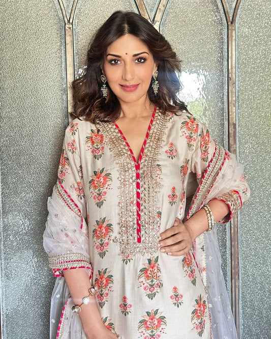 Premium Ready to Wear Chinon Silk Sharara Set with Embellished Dupatta