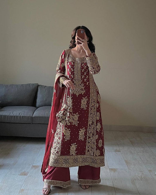 Stylish Faux Georgette Outfit with Heavy Work Top Plazzo and Soft Dupatta