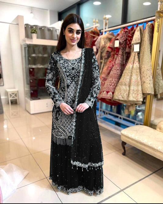 Premium Fancy Plazzo Set with Rich Embroidery & Coordinated Dupatta