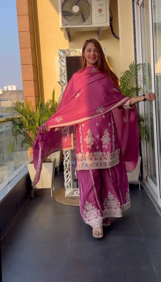 Pure Heavy Chinnon Silk Top and Plazzo Set with Full Sleeve Embroidery and Matching Dupatta