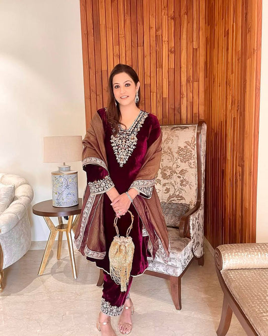 Glamorous Party Look Pure Viscose Velvet Suit Set with Dupatta