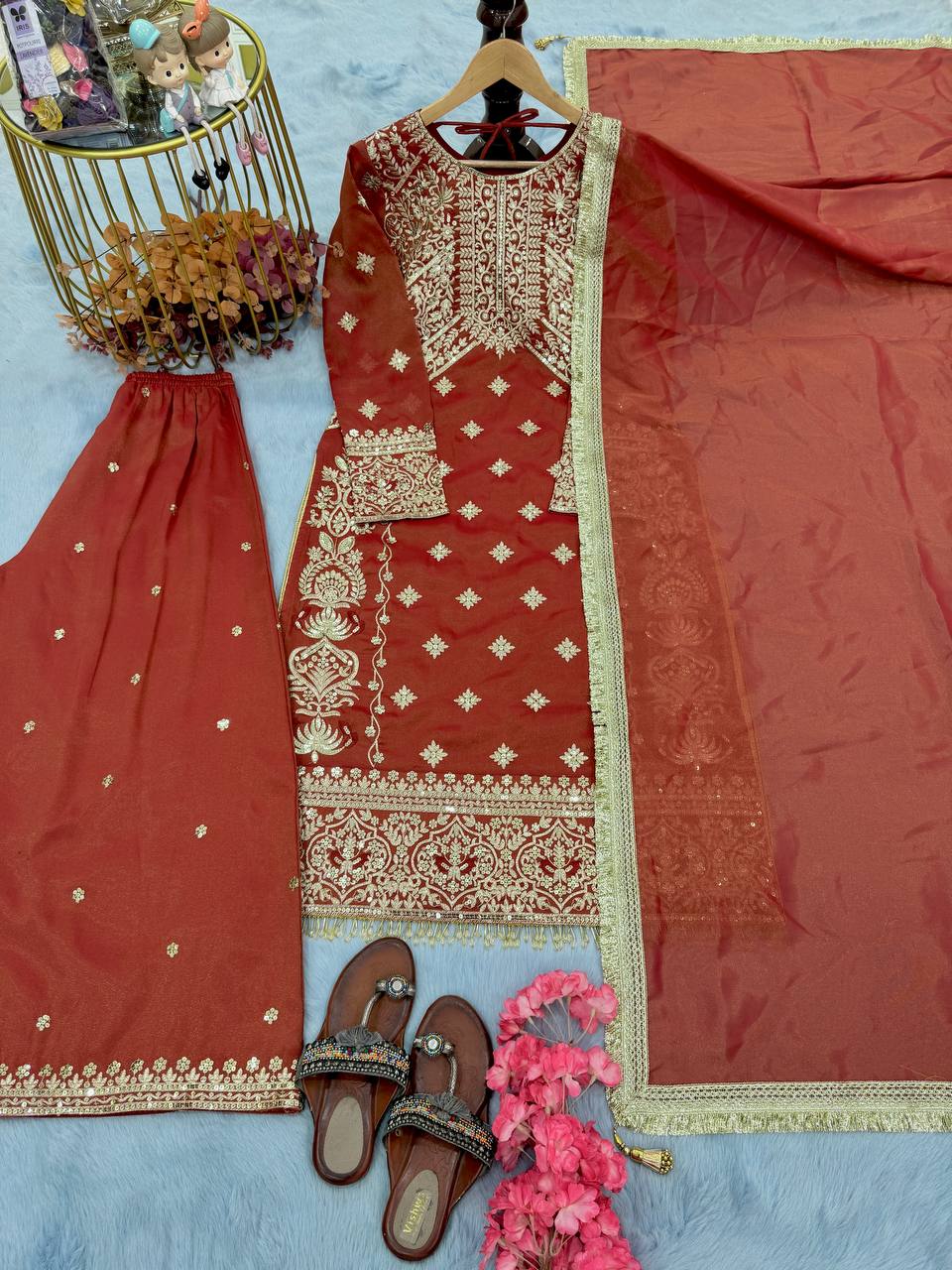Elegant Partywear in Soft Banarasi Silk Top, Palazzo & Dupatta