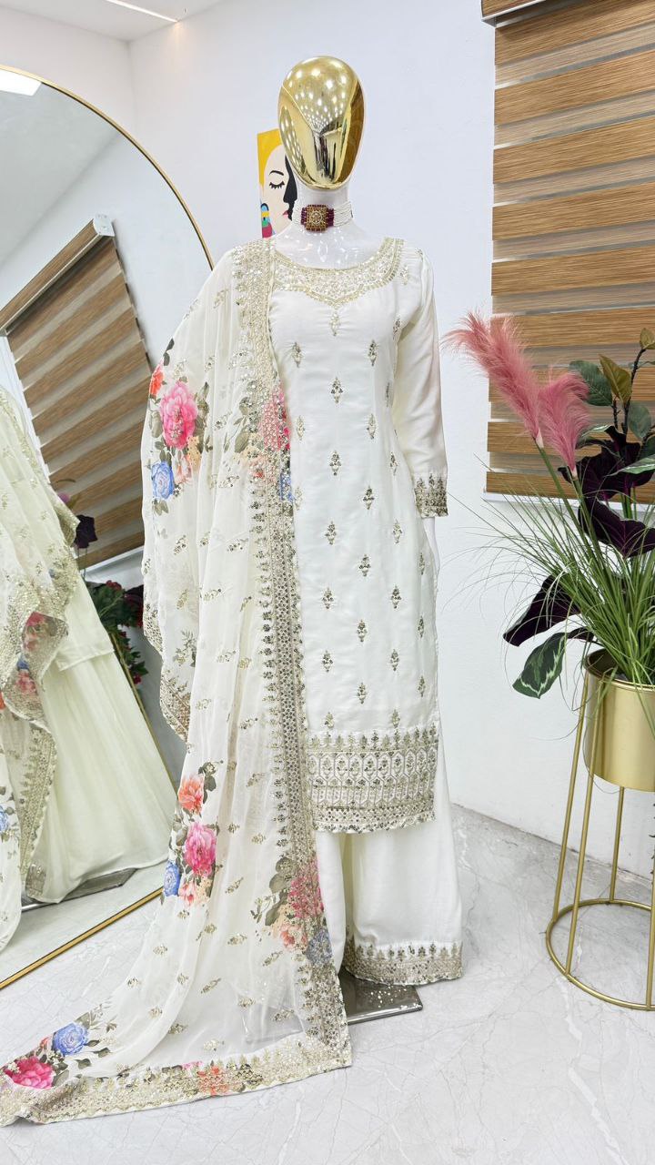 Elegant White Sharara Set with Embroidery & Sequin Detailing