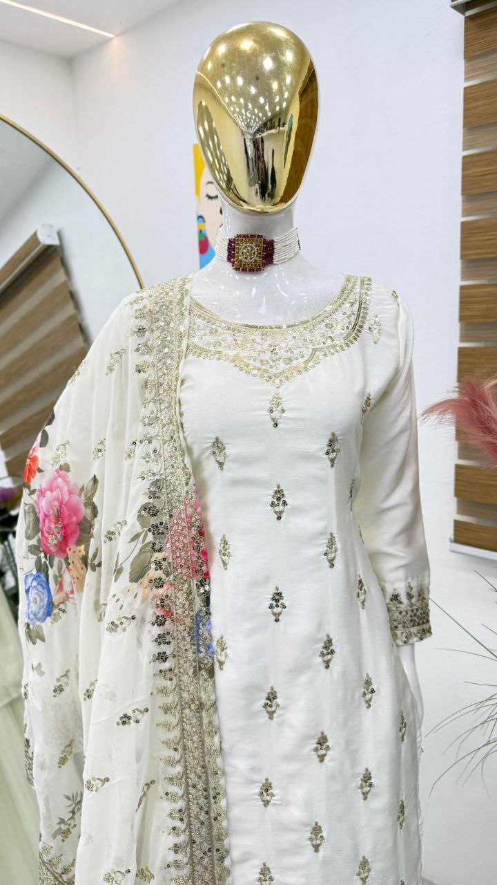 Elegant White Sharara Set with Embroidery & Sequin Detailing