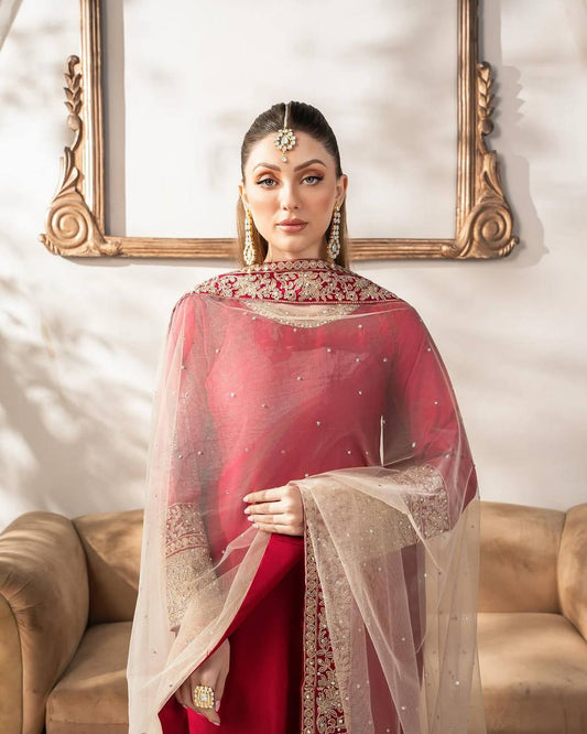 Heavy Malay Satin Silk Embroidered Top with Full Sleeves, Faux Georgette Pant, and Butterfly Net Dupatta Set