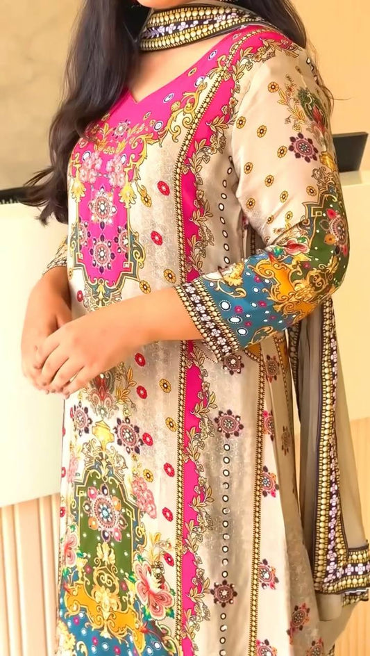 Trendy Ethnic Set Digital A-Line Kurta with Plazzo and Dupatta