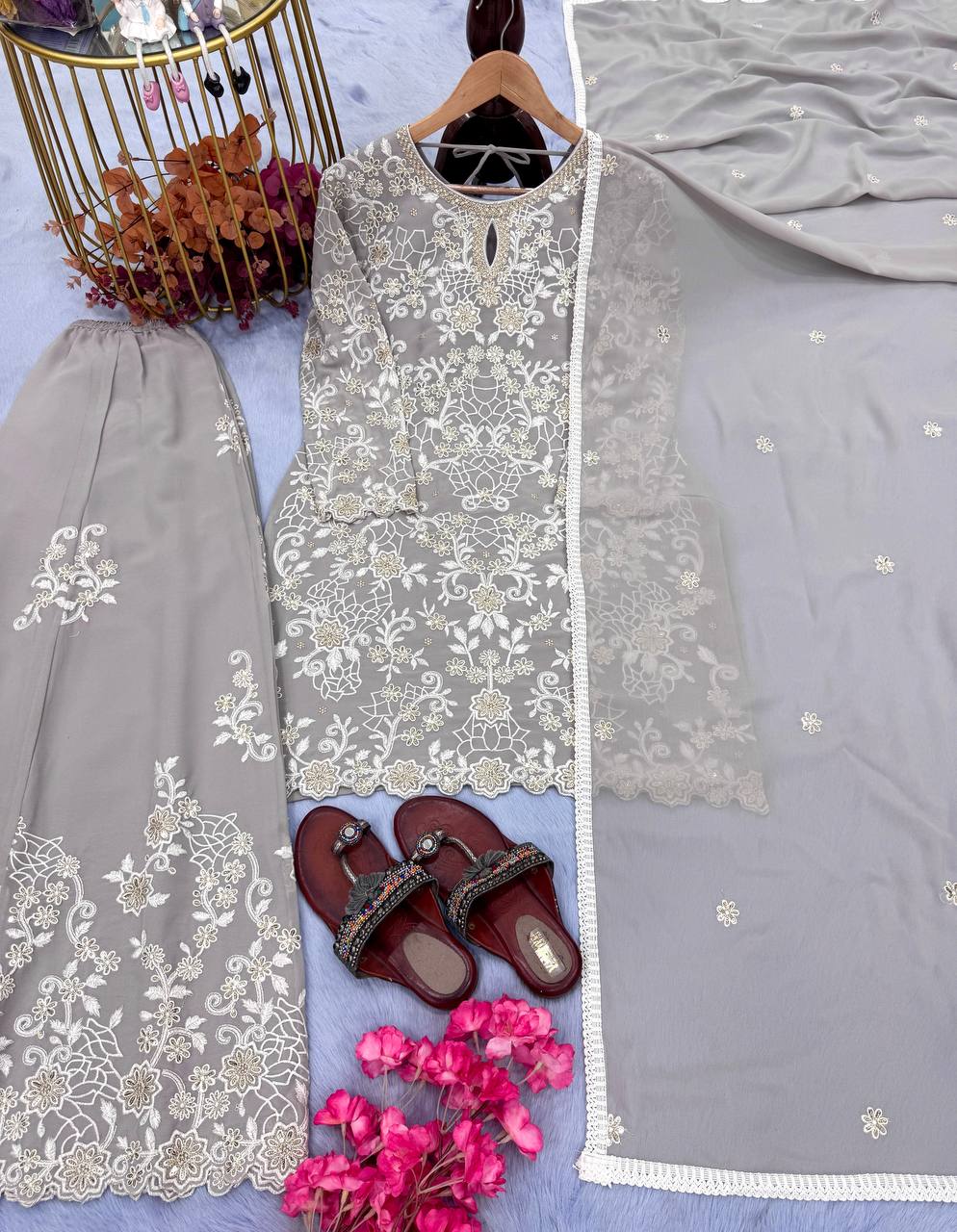 Luxury Grey Party Look Heavy Faux Georgette Plazzo Style Set